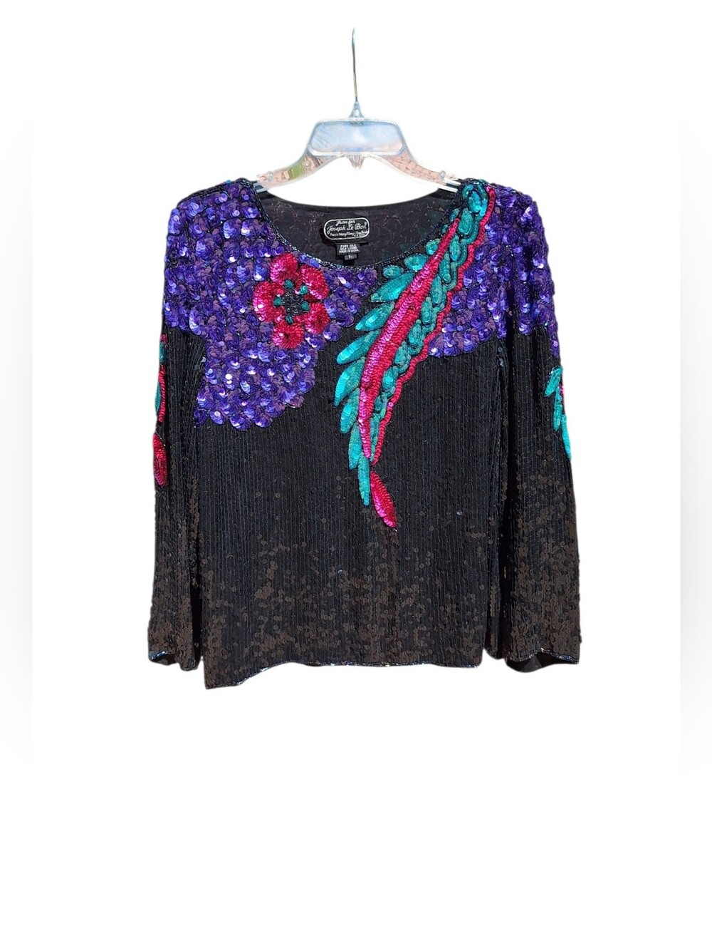 Joseph Le Bon Sequin Embellished Top Silk Floral Peacock Long Sleeve Women L
